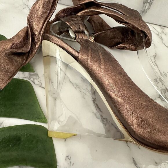 Giuseppe Zanotti Designs Lucite Clear Wedge Sandals Size 38 Bronze Leather Strap - Picture 7 of 11